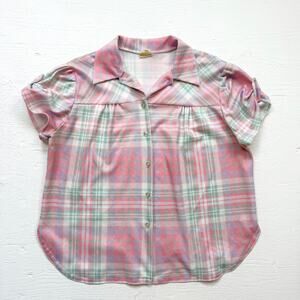 Vintage 70s Land n’ Sea Pastel Plaid Button Up Blouse, Size XL